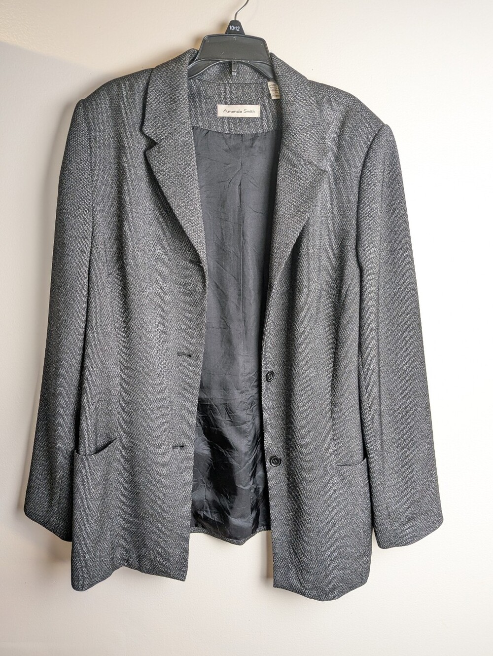 AMANDA SMITH Gray Satin Tweed Women's Blazer Suit Jacket Size 12 Vtg Pockets 90s